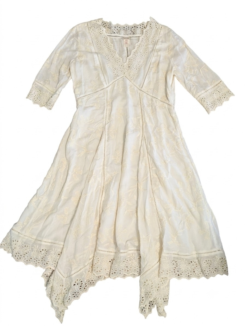 Sundance Dress 14 Ivory White Eyelet Embroidered Modal Boho Handkerchief Hem